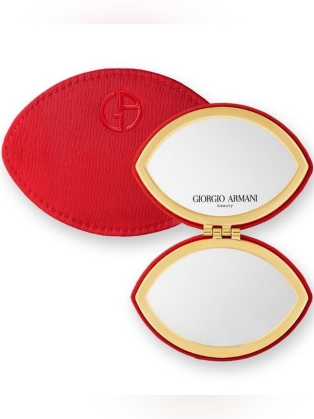 Giorgio Armani Red Leather Eye-Shaped Compact Mirror with Gold Trim